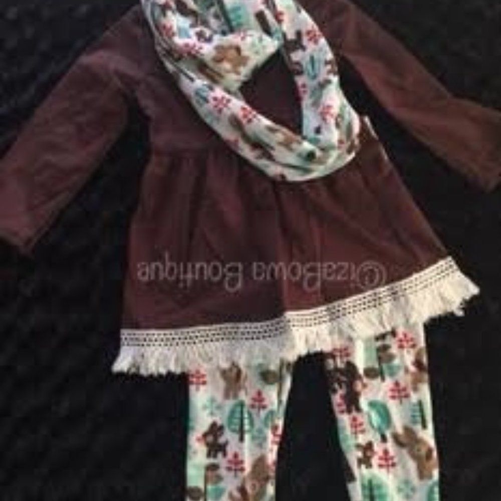 Brown Woodlawn Friends Pant & Scarf 3 pc Set  1229M  Med 4T  NWT Boutique